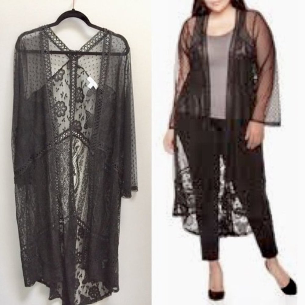 Boutique Spring Summer Kimono Long Jacket Lace Boho Cardigan Size 1X Black